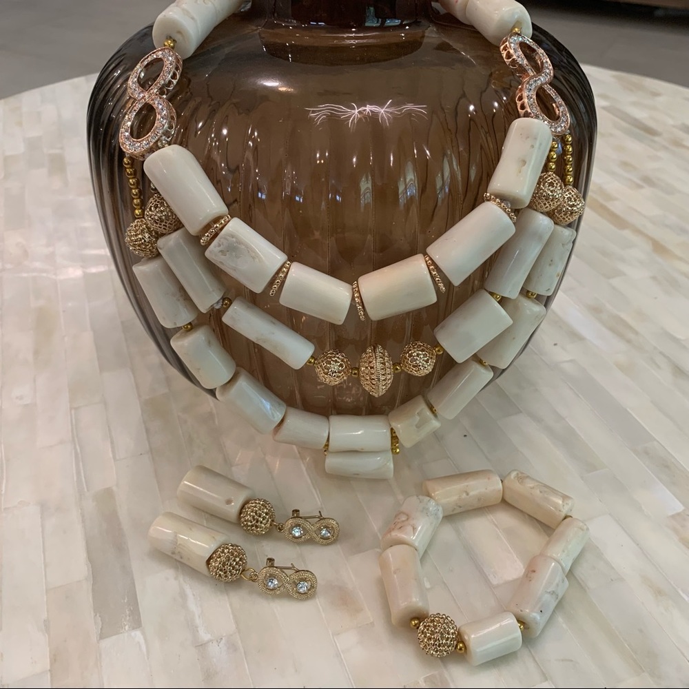 Cream Stone Necklace Earring and Bracelet Set